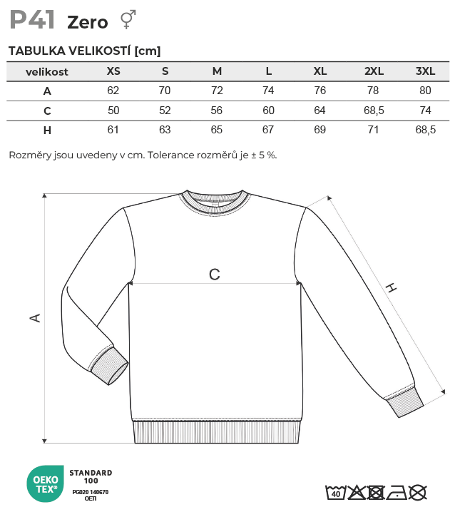 P41 Zero mikina unisex Tabulka velikostí